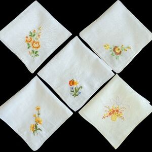 Cute Embroidered Floral Handkerchiefs, Bundle of 5, Flower Bouquet Basket, Tea